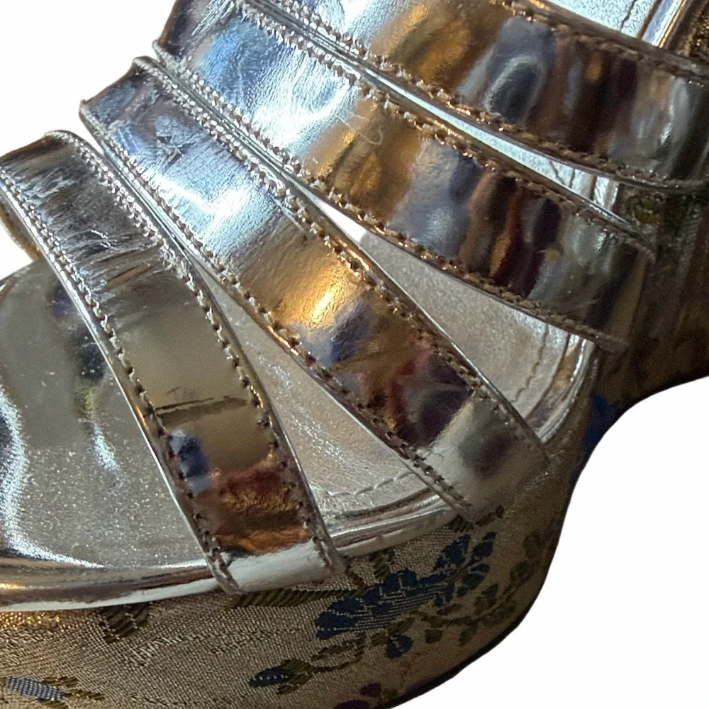 Prada Metallic Silver Jacquard Wedge Sandals | EUC | Sz 38 / 8US